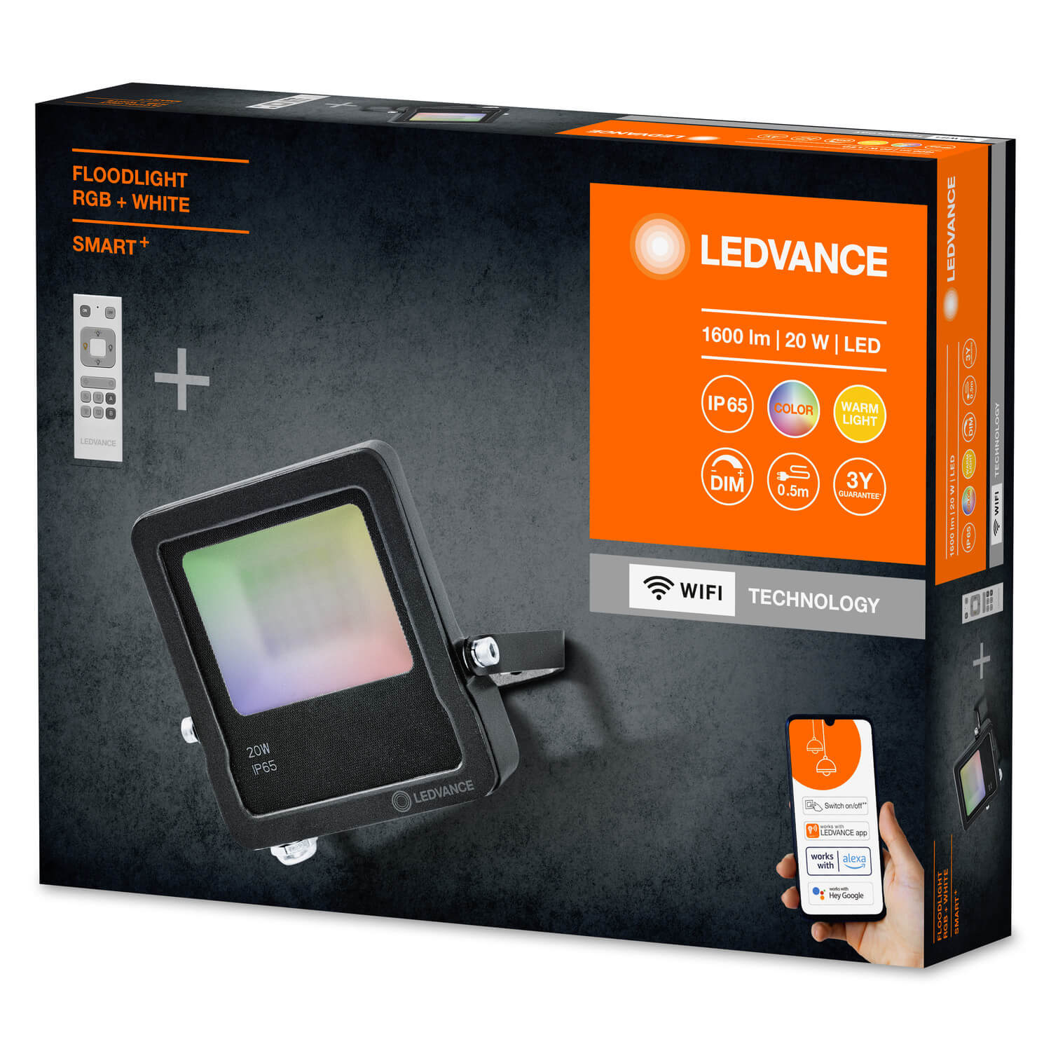LEDVANCE SMART+ WiFi LED-Fluter RGBW 20 W, 1600 lm, 3000 K, dimmbar, mit Fernbedienung, IP65, Schwarz LEDVANCE SMART+ WiFi LED-Fluter RGBW 20 W, 1600 lm, 3000 K, dimmbar, mit Fernbedienung, IP65, Schwarz