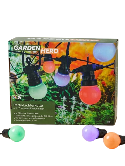 Party-Lichterkette 20 bunte LED Glühbirnen – 12,5 m für Innen & Außen Party-Lichterkette 20 bunte LED Glühbirnen – 12,5 m für Innen & Außen